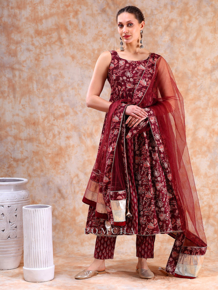 Maroon Floral Weave Anarkali Set