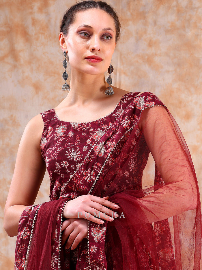 Maroon Floral Weave Anarkali Set