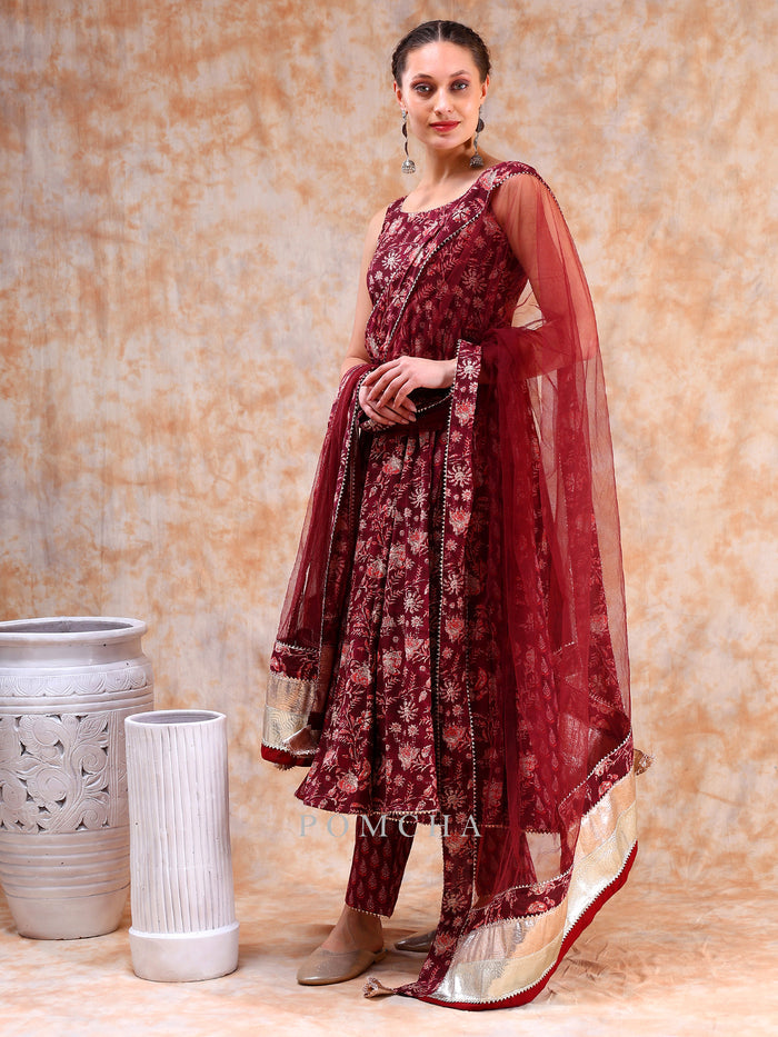 Maroon Floral Weave Anarkali Set