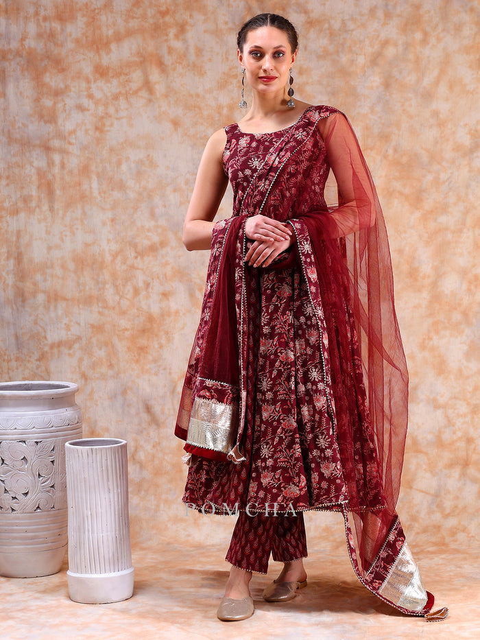 Maroon Floral Weave Anarkali Set