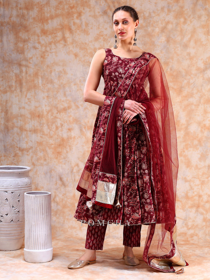 Maroon Floral Weave Anarkali Set