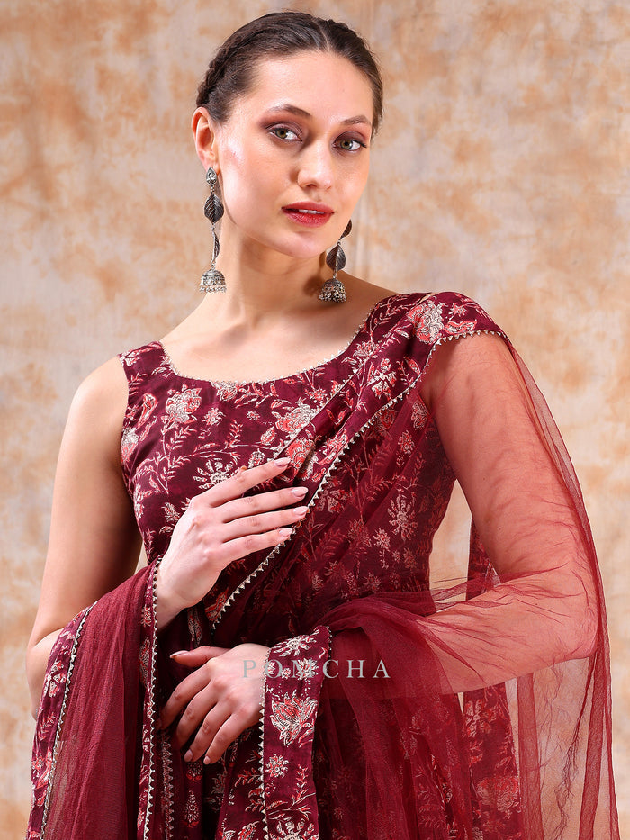 Maroon Floral Weave Anarkali Set