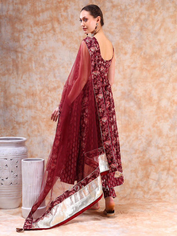 Maroon Floral Weave Anarkali Set