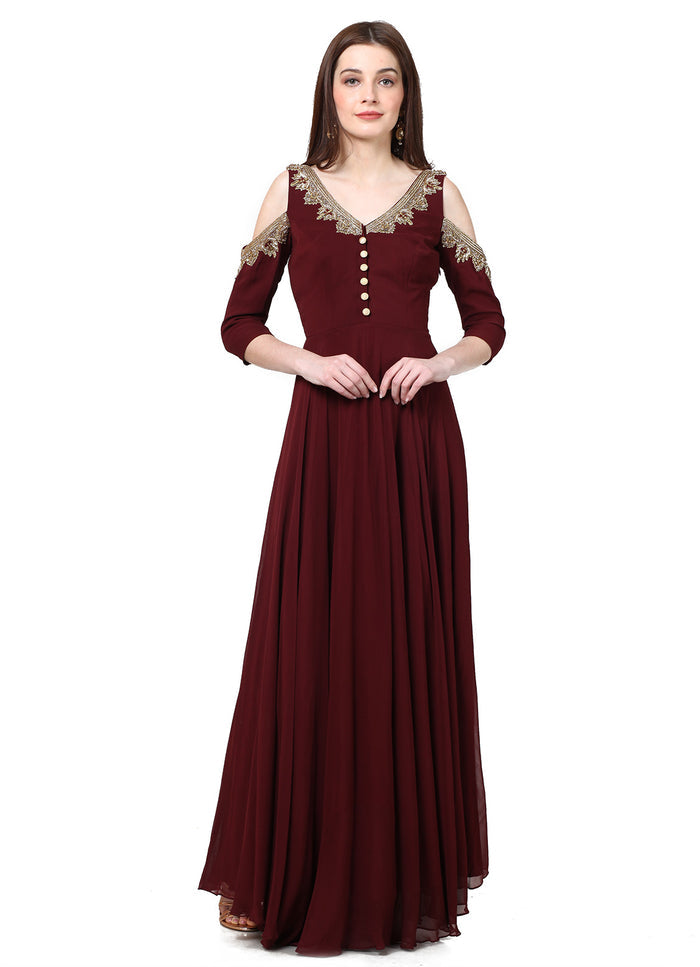 Maroon Gold Embroidered Cold Shoulder Gown