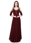 Maroon Gold Embroidered Cold Shoulder Gown