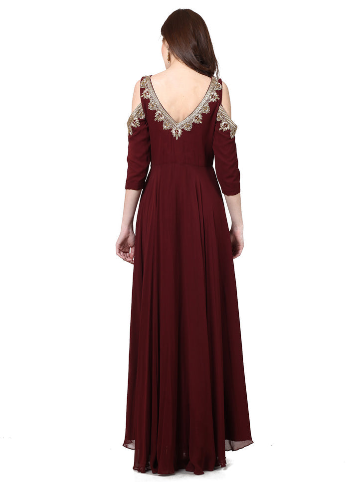 Maroon Gold Embroidered Cold Shoulder Gown