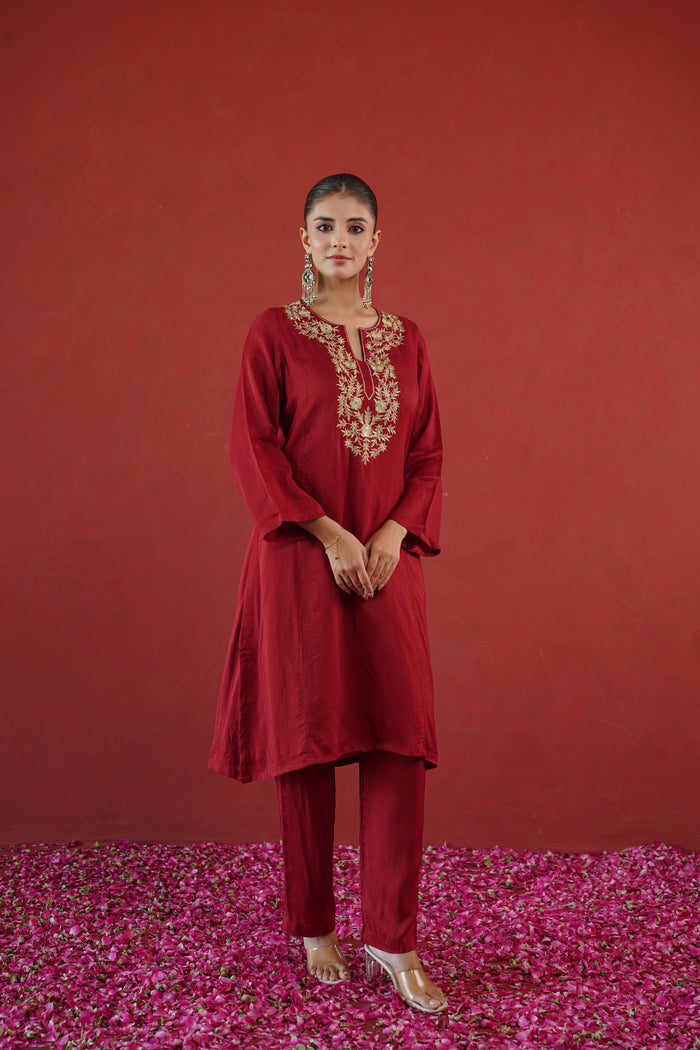 Maroon Gold Embroidered Neck Kurti
