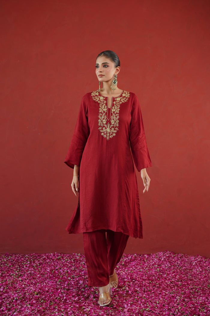 Maroon Gold Embroidered Neck Kurti