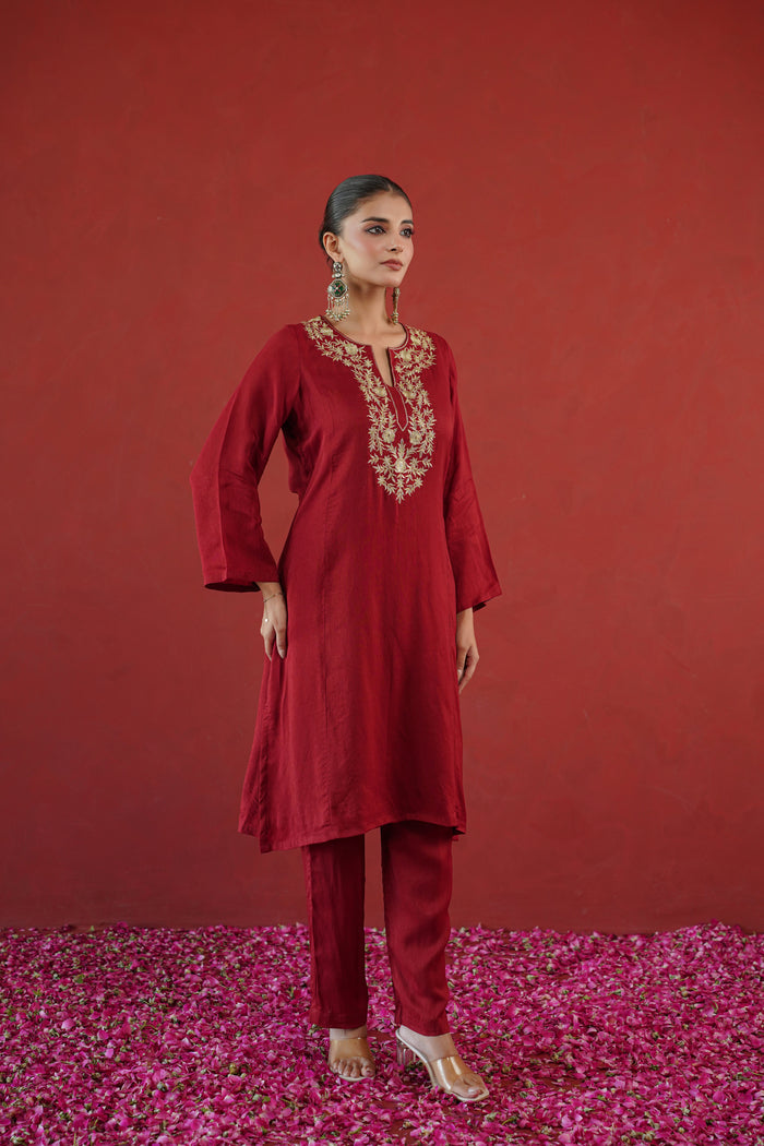 Maroon Gold Embroidered Neck Kurti