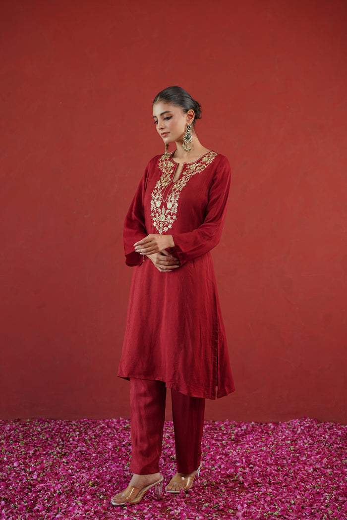 Maroon Gold Embroidered Neck Kurti