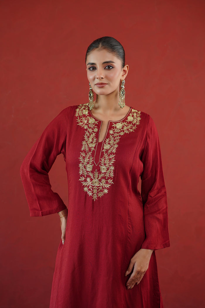 Maroon Gold Embroidered Neck Kurti