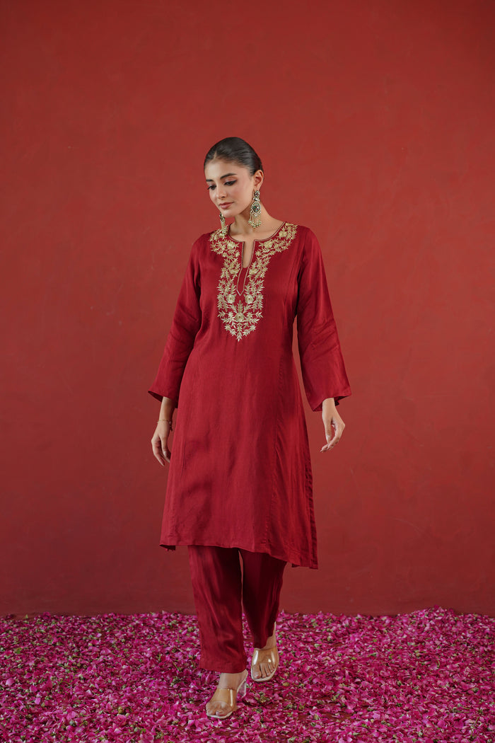 Maroon Gold Embroidered Neck Kurti