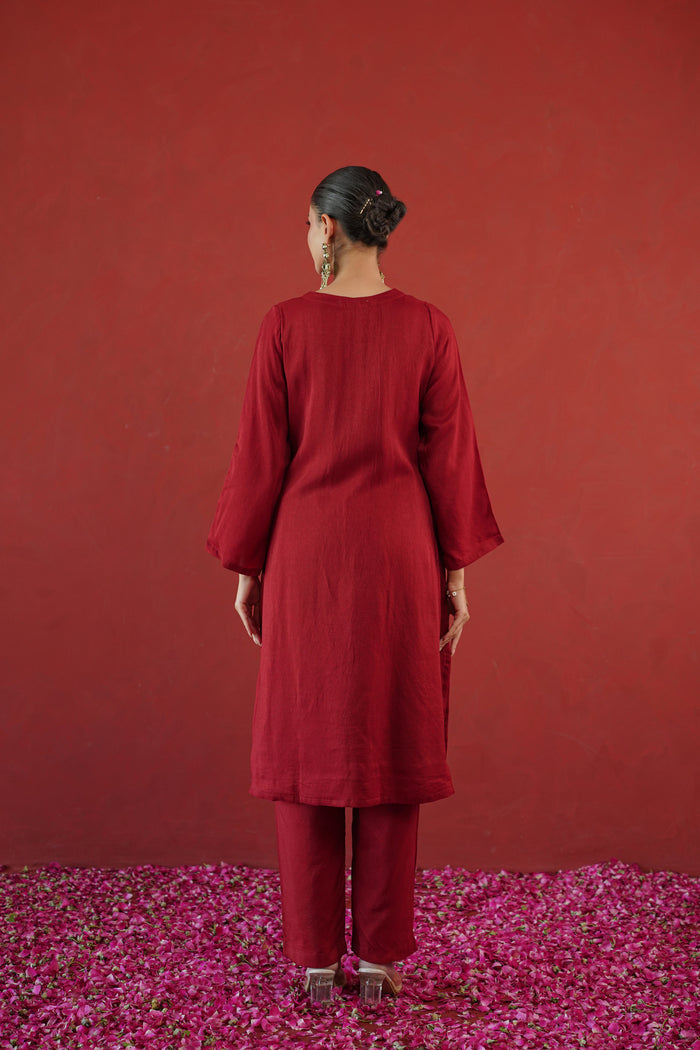 Maroon Gold Embroidered Neck Kurti