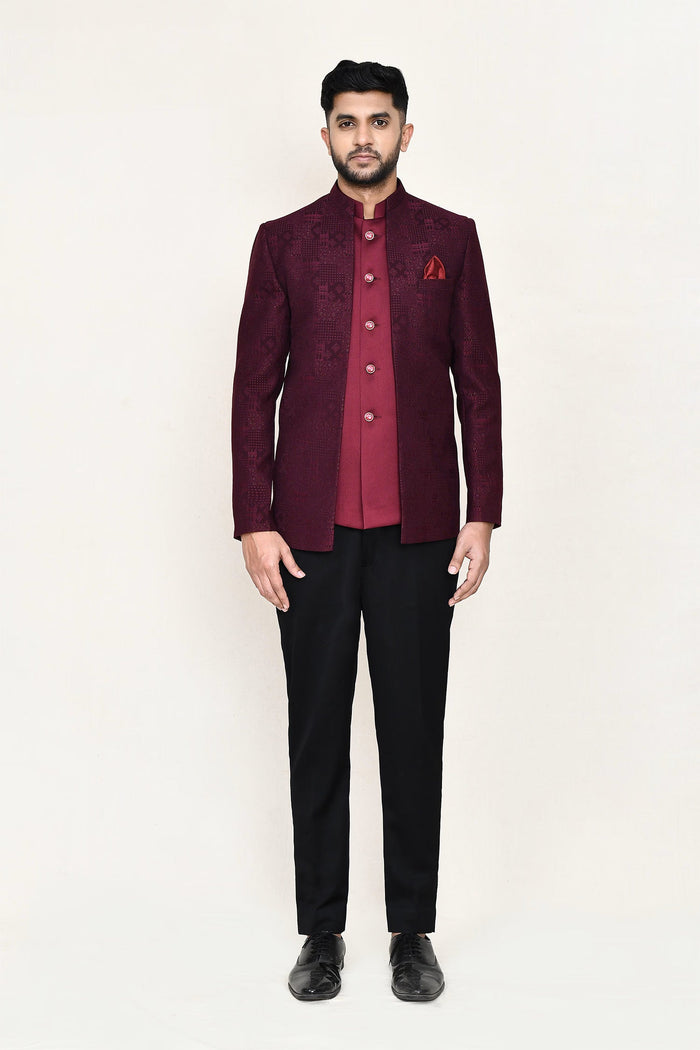 Maroon Jacquard Three Piece Suit Set