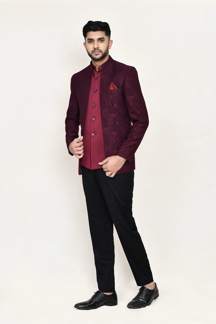 Maroon Jacquard Three Piece Suit Set