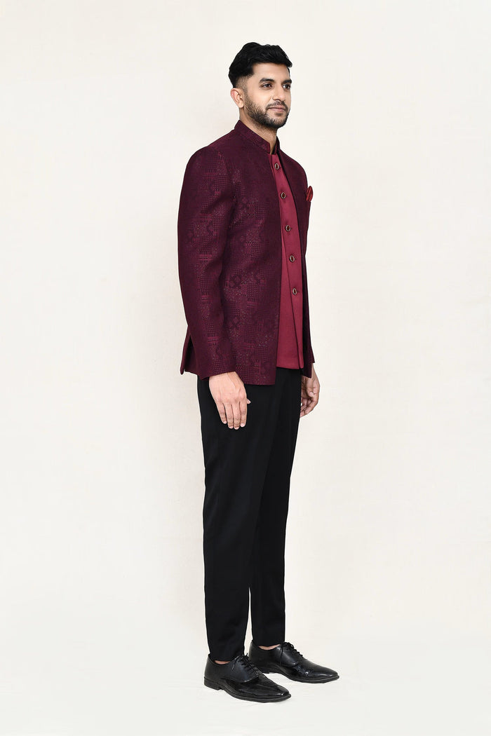 Maroon Jacquard Three Piece Suit Set