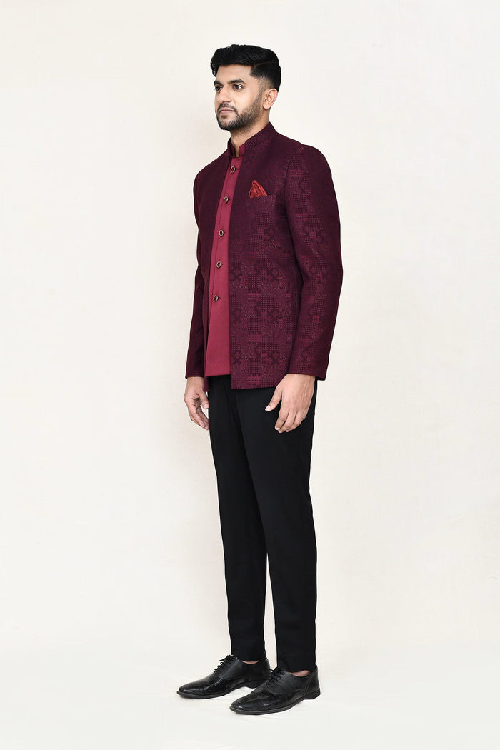 Maroon Jacquard Three Piece Suit Set