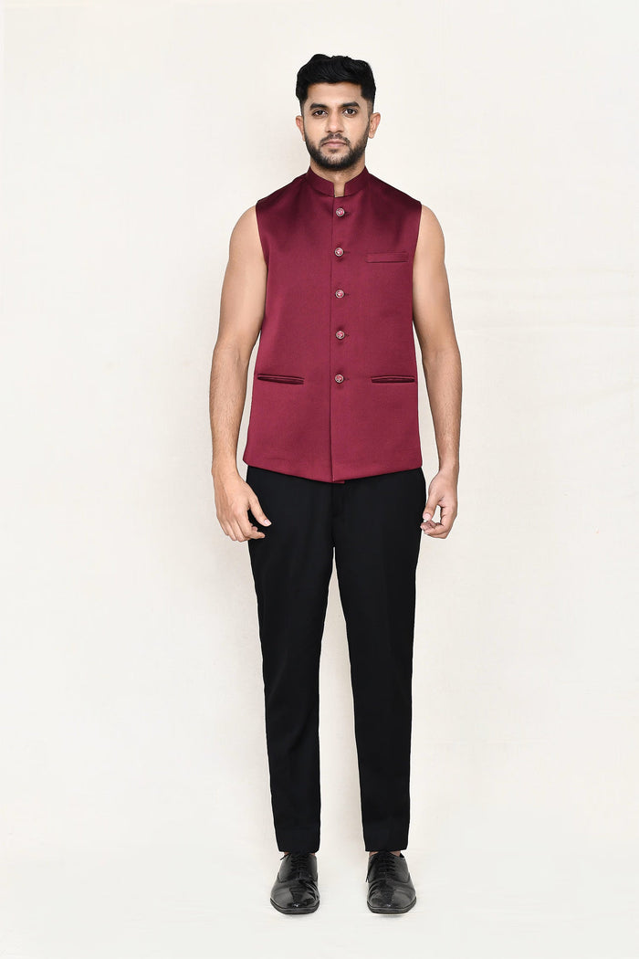 Maroon Jacquard Three Piece Suit Set