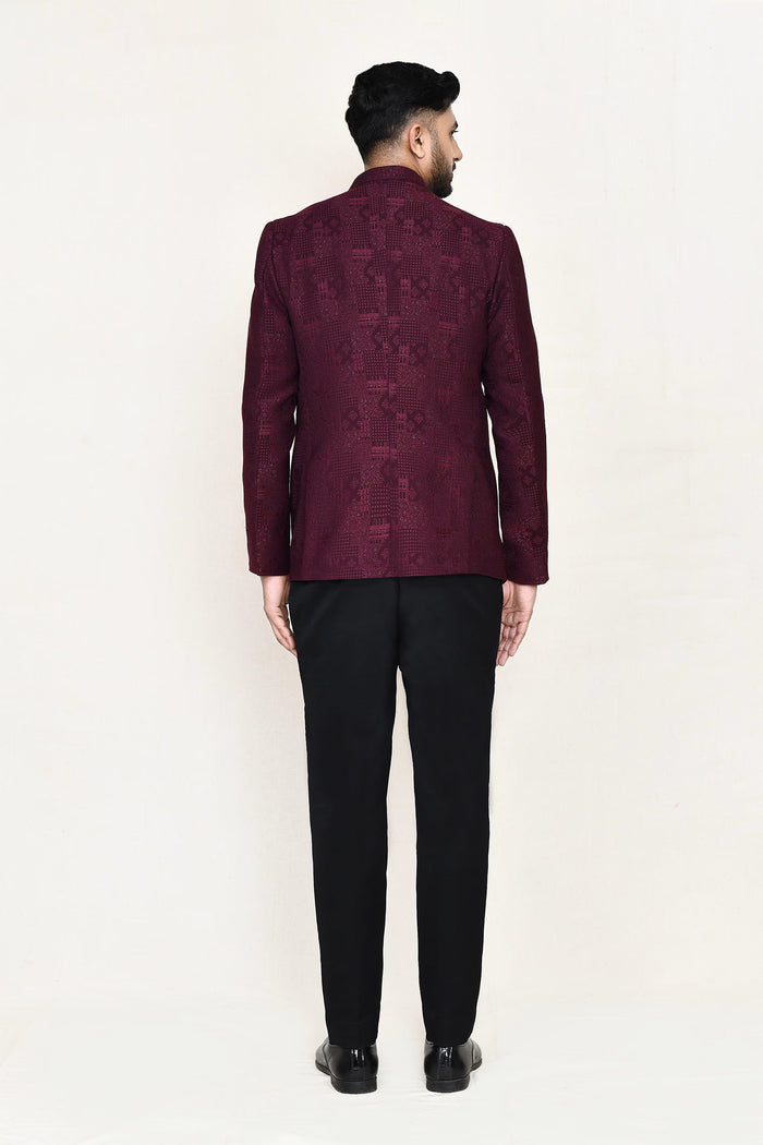 Maroon Jacquard Three Piece Suit Set