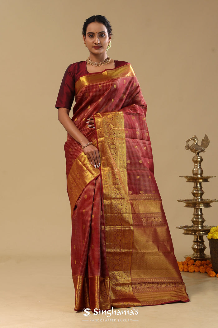 Maroon Kanjivaram Silk Saree With Oosi Checks