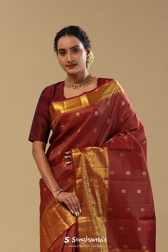 Maroon Kanjivaram Silk Saree With Oosi Checks
