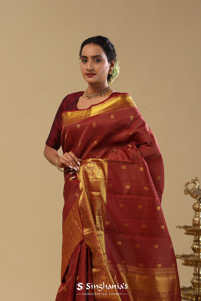 Maroon Kanjivaram Silk Saree With Oosi Checks
