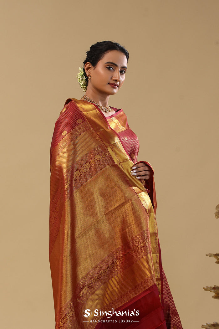 Maroon Kanjivaram Silk Saree With Oosi Checks