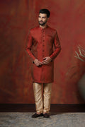 Maroon Printed Cotton Blend Sherwani Set