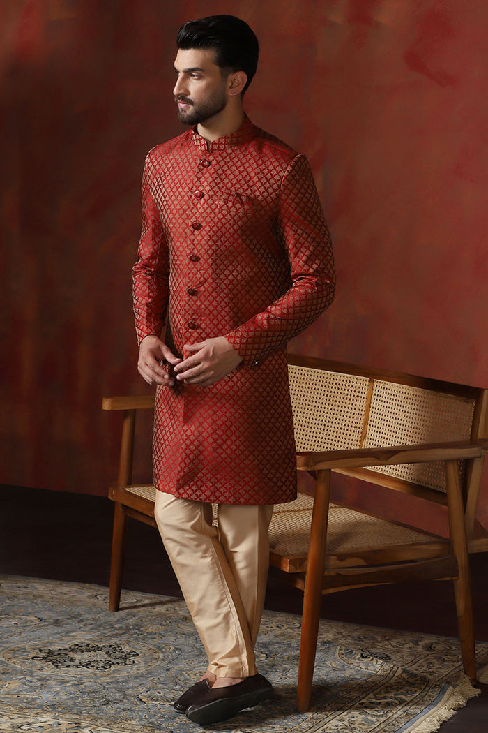 Maroon Printed Cotton Blend Sherwani Set