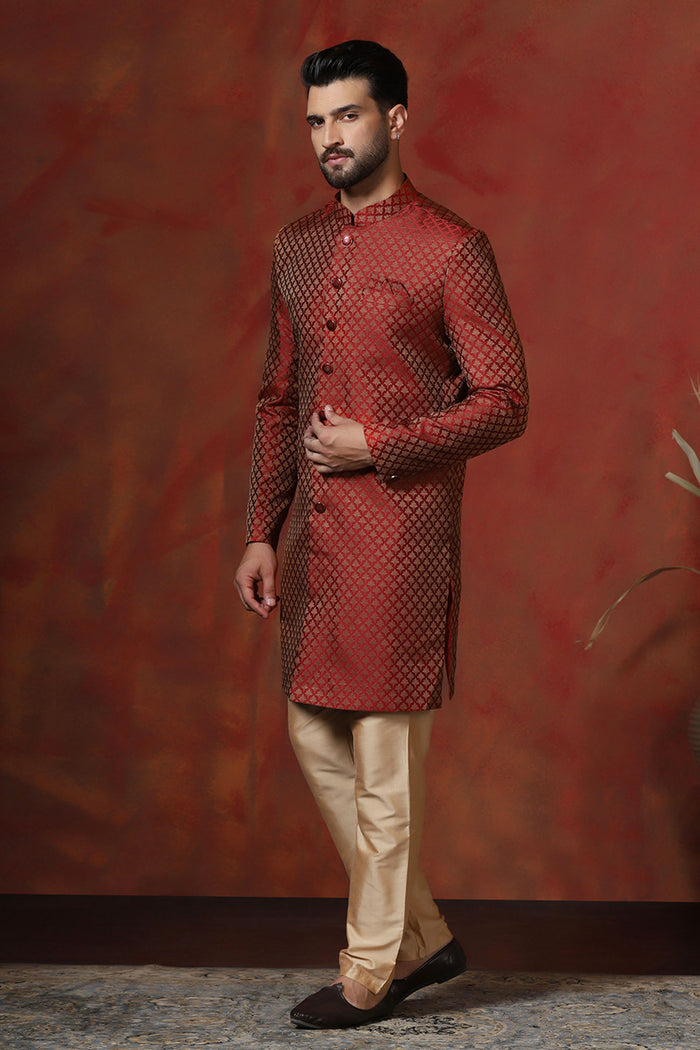 Maroon Printed Cotton Blend Sherwani Set
