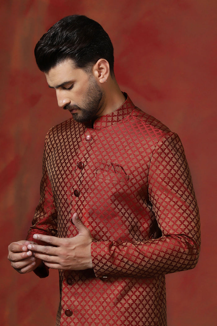 Maroon Printed Cotton Blend Sherwani Set