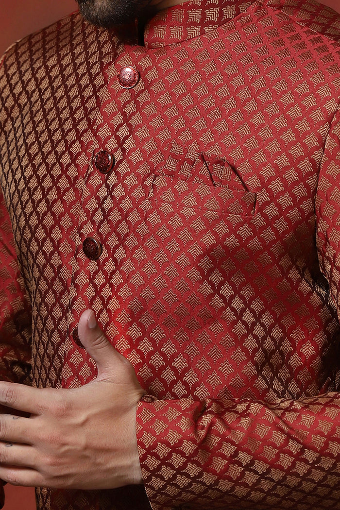 Maroon Printed Cotton Blend Sherwani Set