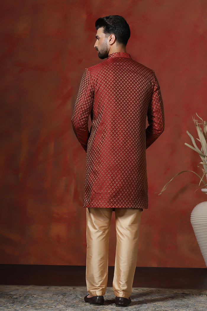 Maroon Printed Cotton Blend Sherwani Set
