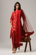 Maroon Raw Silk Kurti With Pants And Dupatta