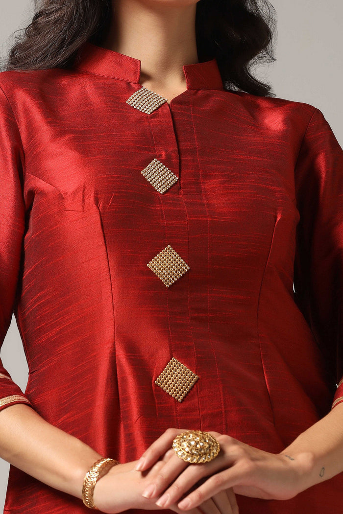Maroon Raw Silk Kurti With Pants And Dupatta