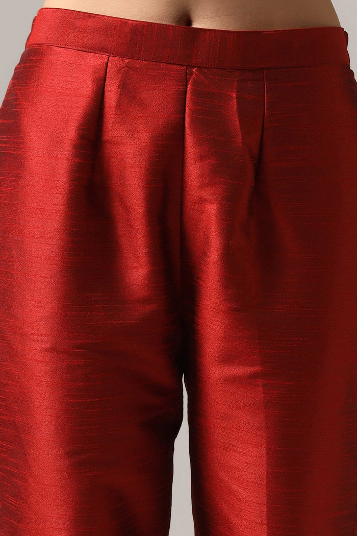 Maroon Raw Silk Kurti With Pants And Dupatta