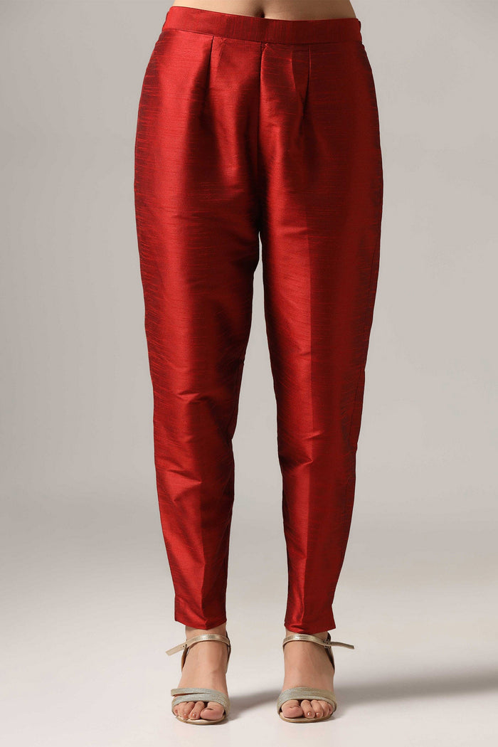 Maroon Raw Silk Kurti With Pants And Dupatta