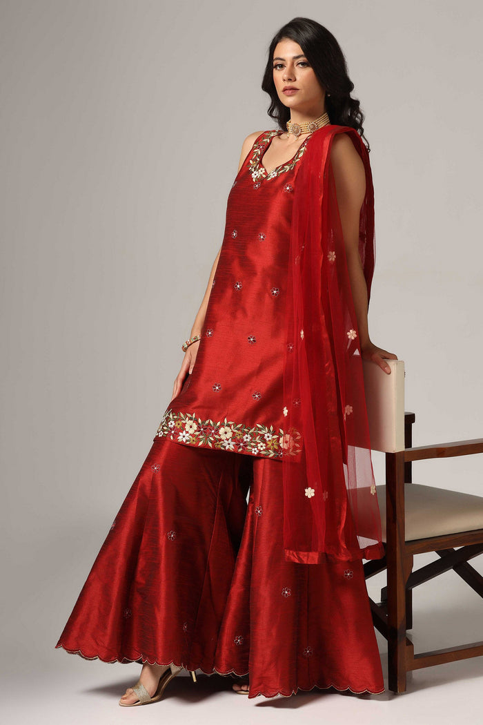 Maroon Raw Silk Kurti With Sharara And Dupatta