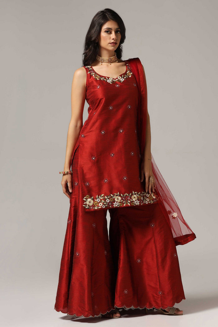 Maroon Raw Silk Kurti With Sharara And Dupatta