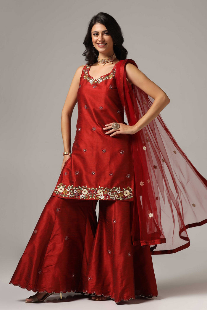 Maroon Raw Silk Kurti With Sharara And Dupatta