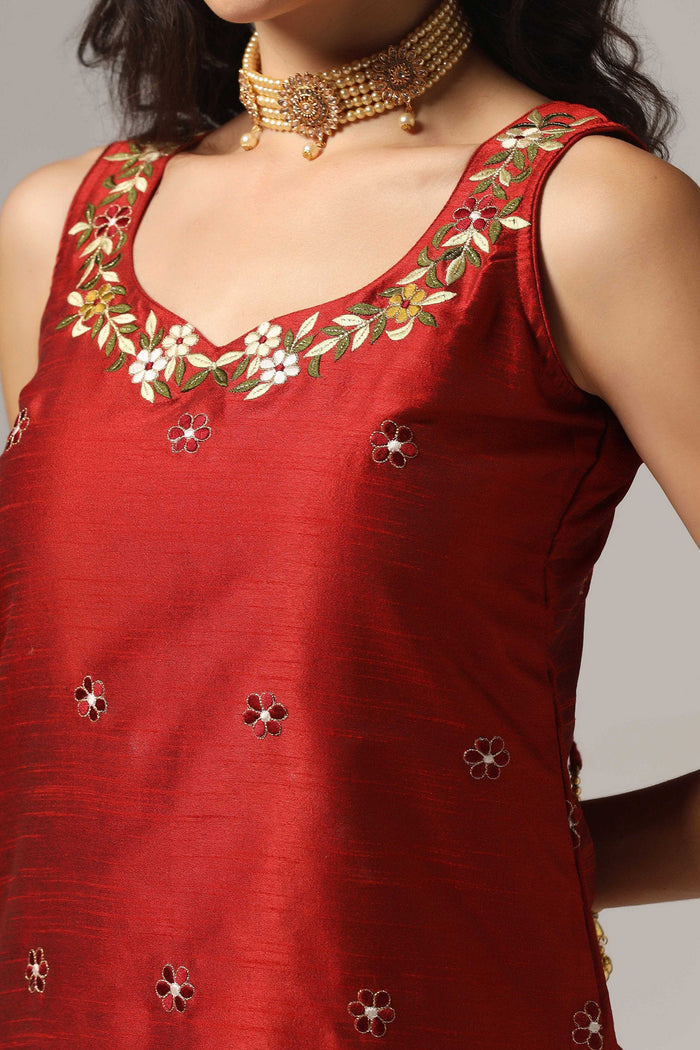 Maroon Raw Silk Kurti With Sharara And Dupatta