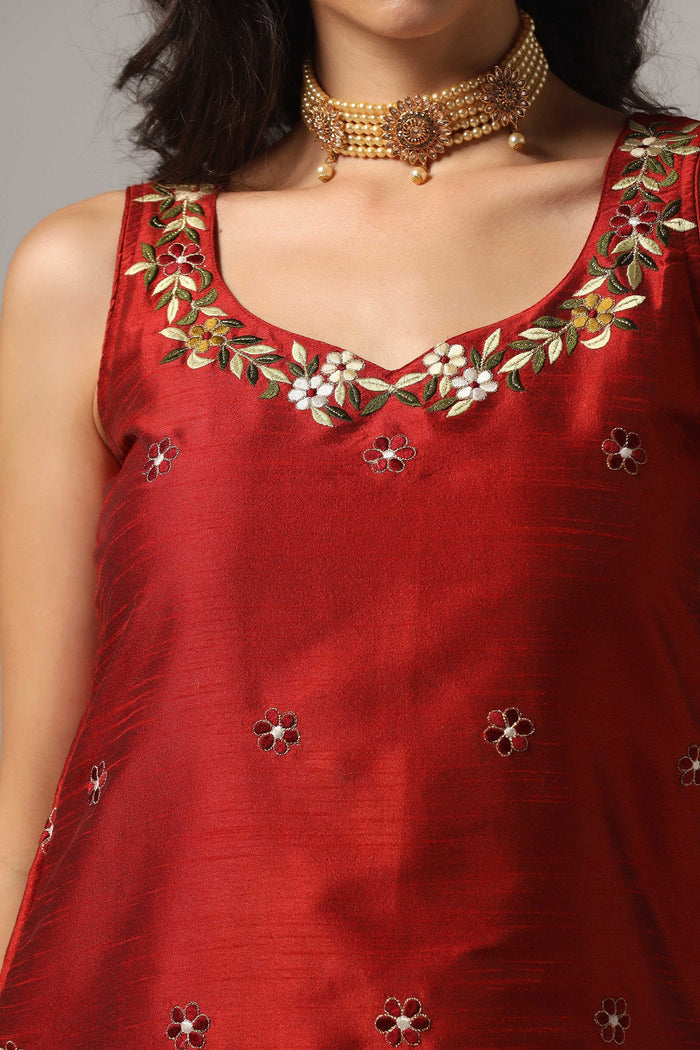 Maroon Raw Silk Kurti With Sharara And Dupatta