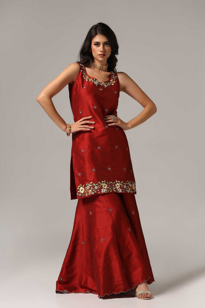 Maroon Raw Silk Kurti With Sharara And Dupatta