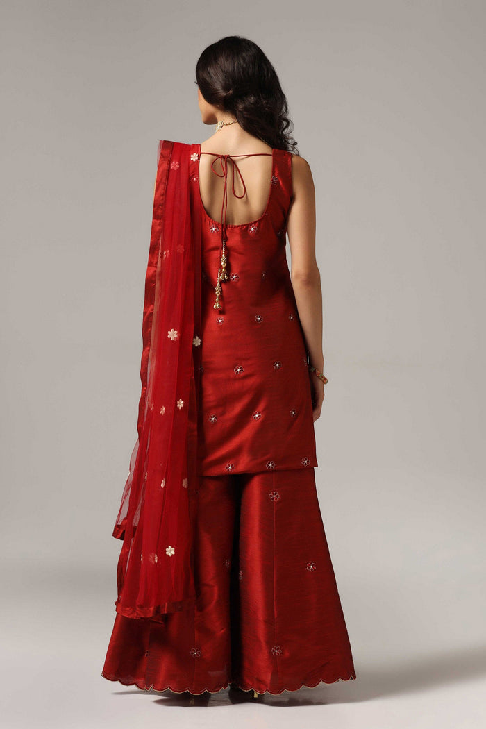Maroon Raw Silk Kurti With Sharara And Dupatta