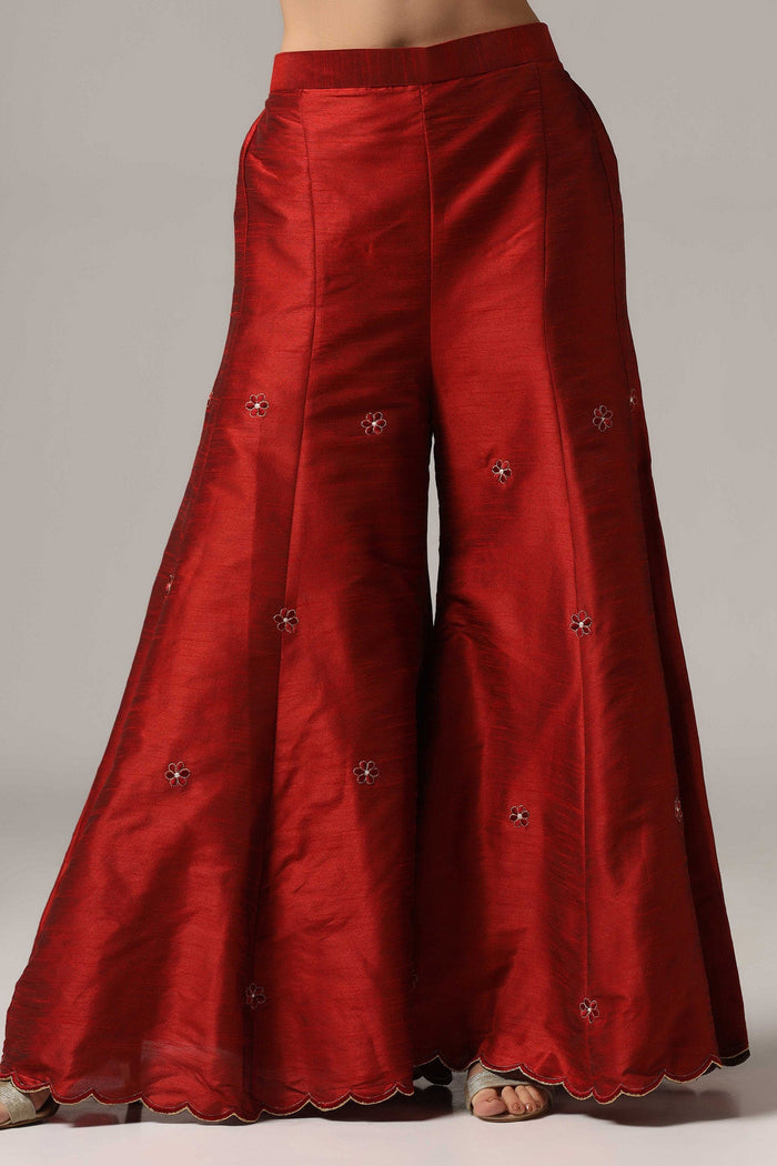 Maroon Raw Silk Kurti With Sharara And Dupatta