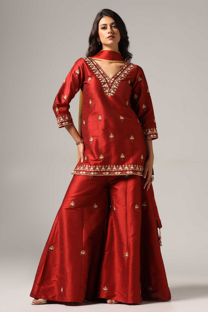 Maroon Raw Silk Kurti With Sharara And Net Dupatta