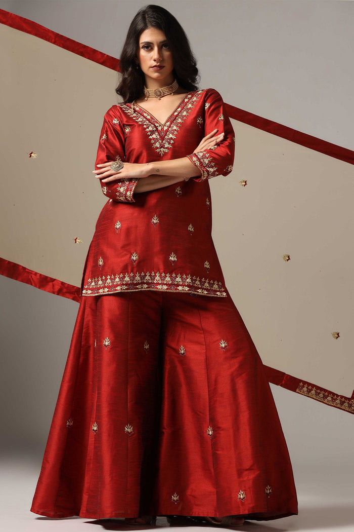 Maroon Raw Silk Kurti With Sharara And Net Dupatta