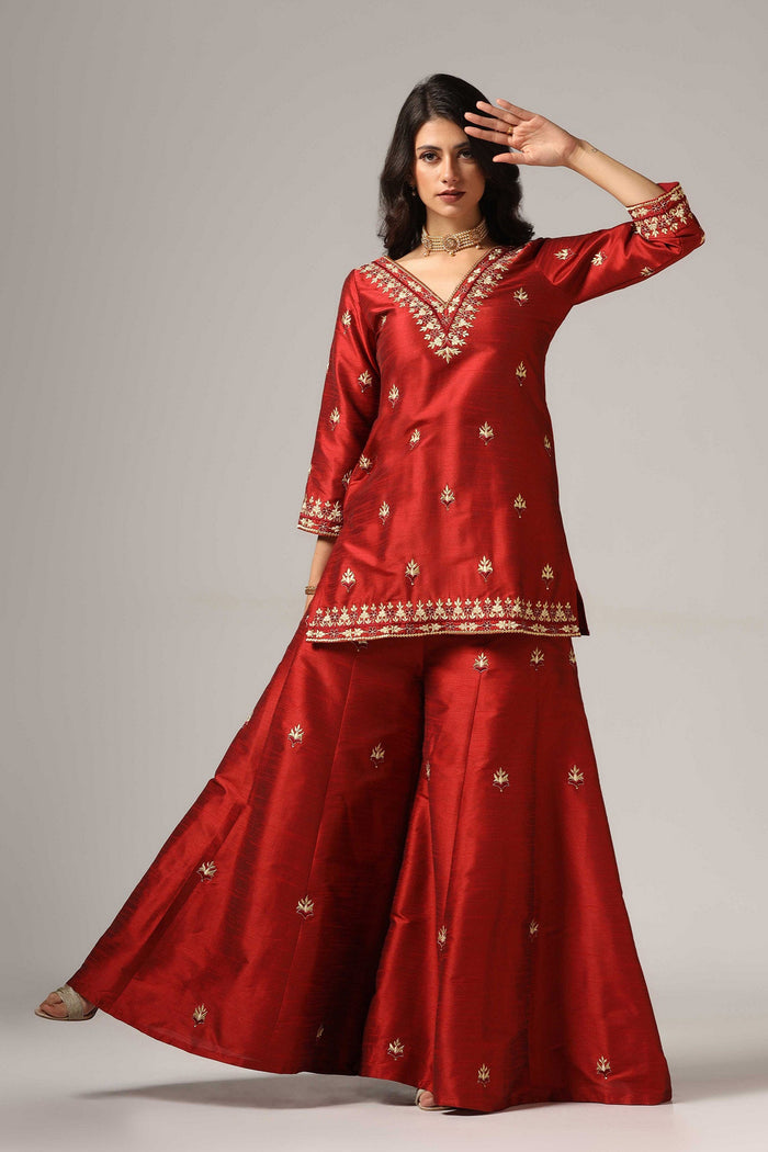 Maroon Raw Silk Kurti With Sharara And Net Dupatta