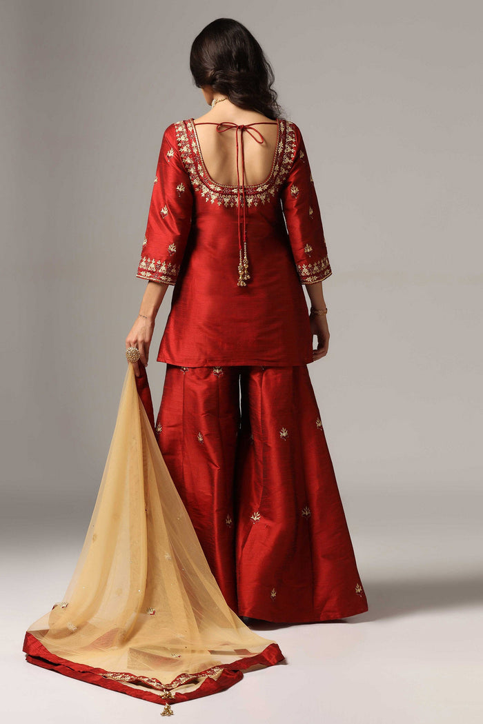 Maroon Raw Silk Kurti With Sharara And Net Dupatta