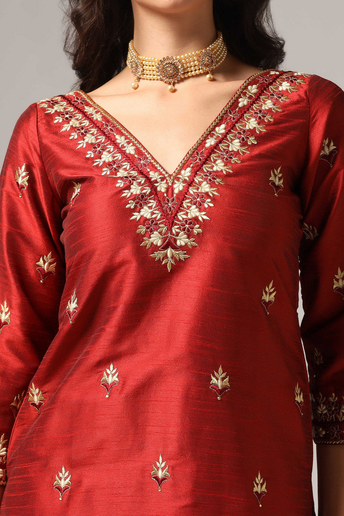 Maroon Raw Silk Kurti With Sharara And Net Dupatta